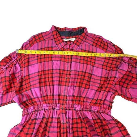 WE THE FREE Pacific Dawn Plaid Shirt Red Pink Cinch Waist Tie Back Size Large - Picture 11 of 16